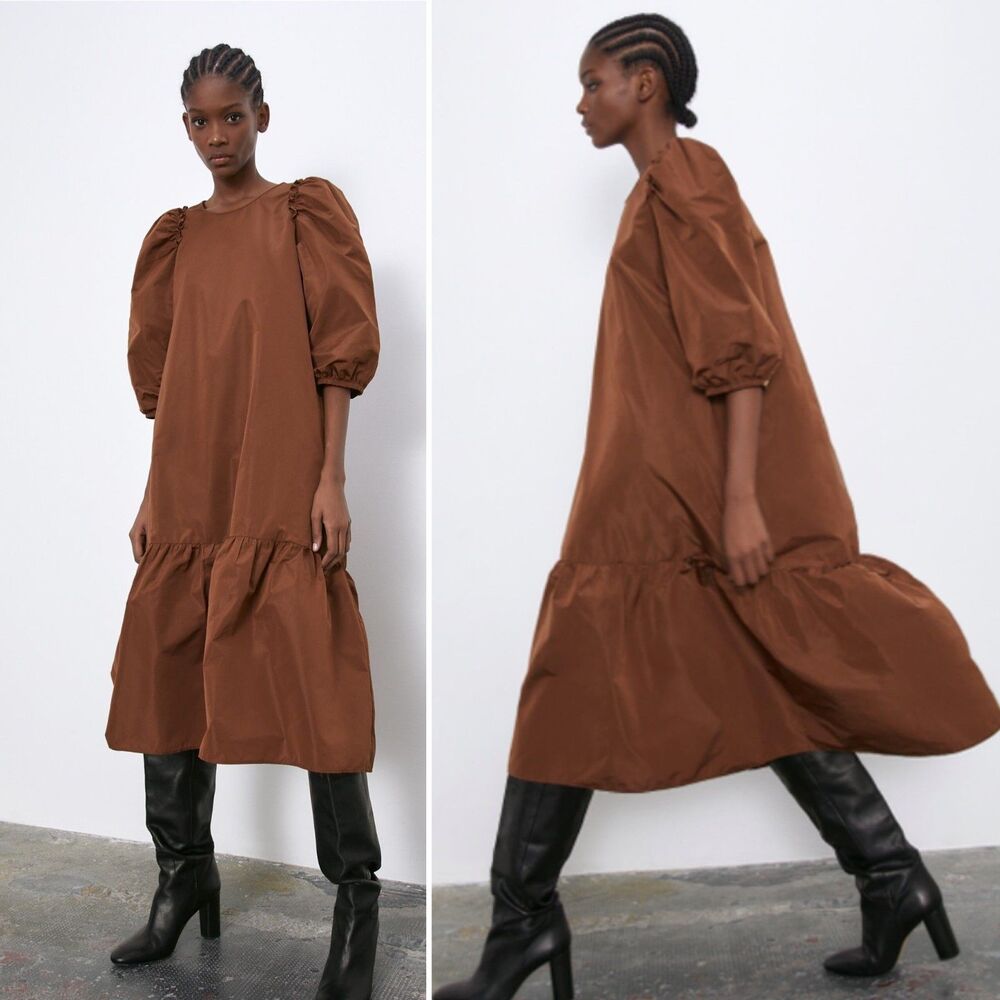 ZARA Taffeta Ruffle Hem Voluminous Chocolate Brown Puff Sleeve Midi Dress Medium